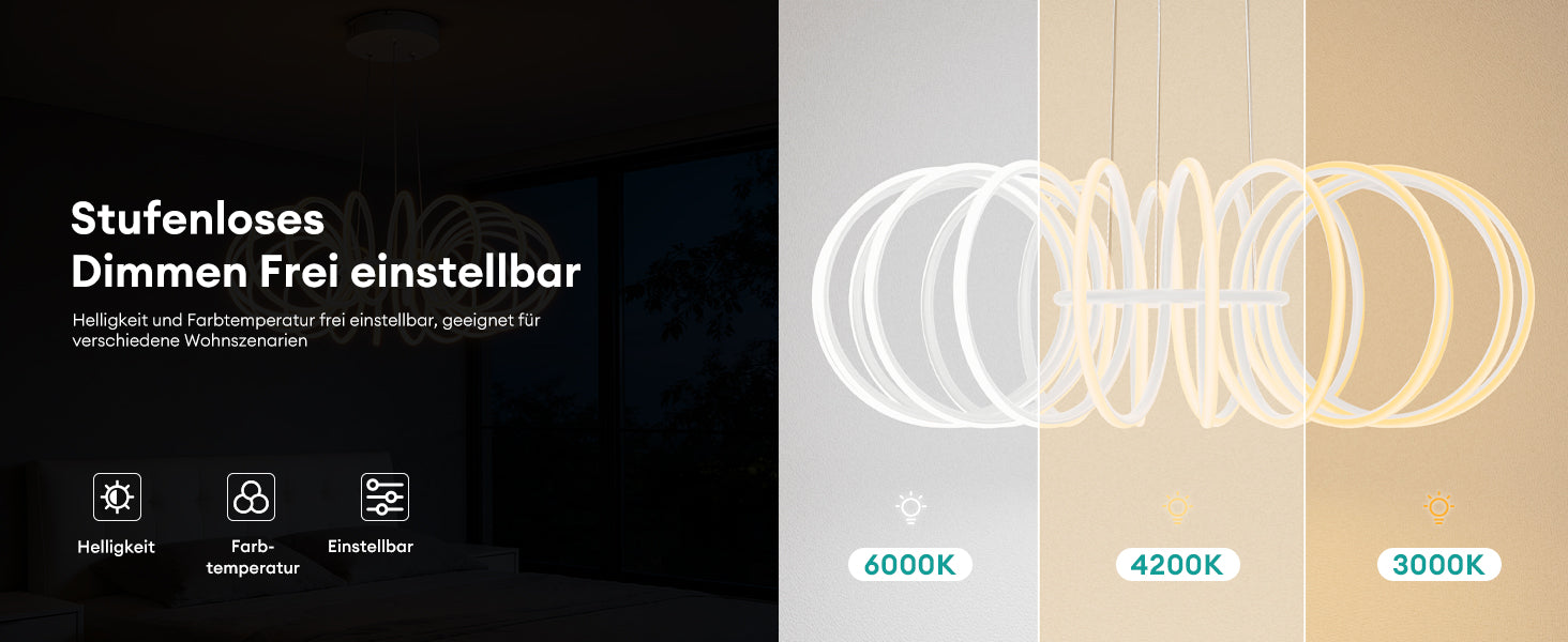 Suspension de salle à manger en verre glasvilla, 61 cm LED moderne blanc sable, intensité réglable en continu 3000K–6000K, hauteur ajustable design 120W, avec télécommande et interrupteur mural Nuvora05