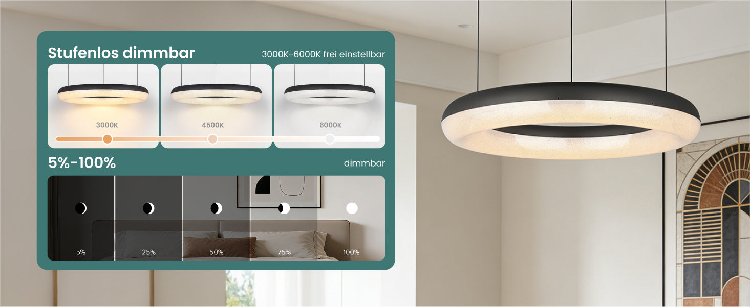 glasvilla Suspension de table à manger, Lampe suspendue LED moderne, intensité réglable en continu 3000K–6000K, lampe de table à manger design réglable en hauteur avec télécommande et interrupteur mural, Luvina03