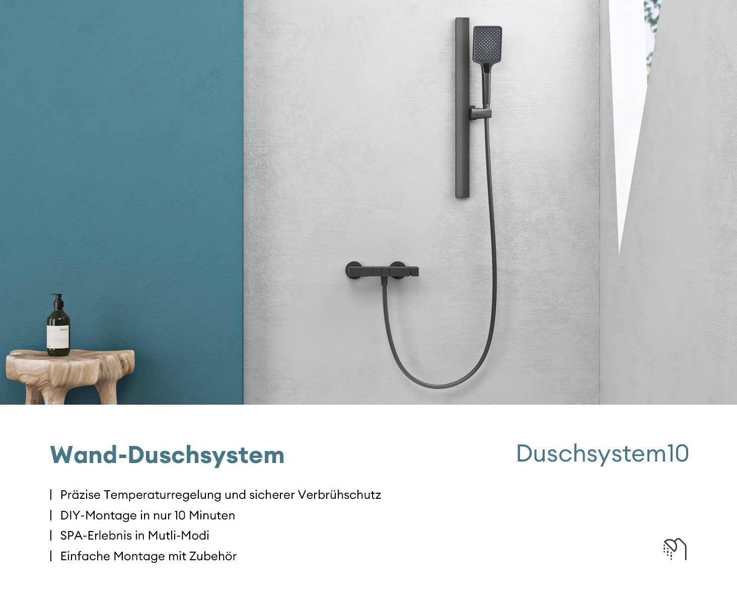 glasvilla Duschsystem mit Regendusche Duschkopf 3 Strahlarten höhenverstellbar Duschbrause mit Unterauslauf aus Aluminium Duschsystem10