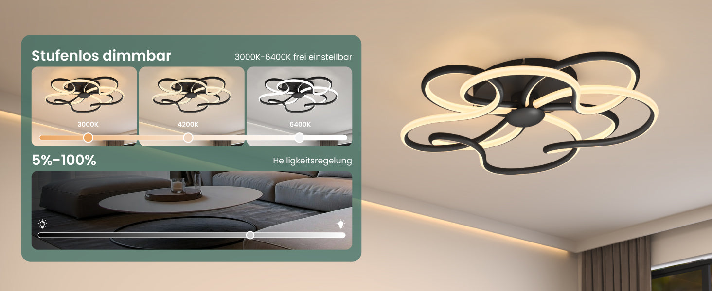 Glasvilla Design – Lámpara de techo LED negra con mando a distancia, regulable 3000–6400K (112W, 64 cm)