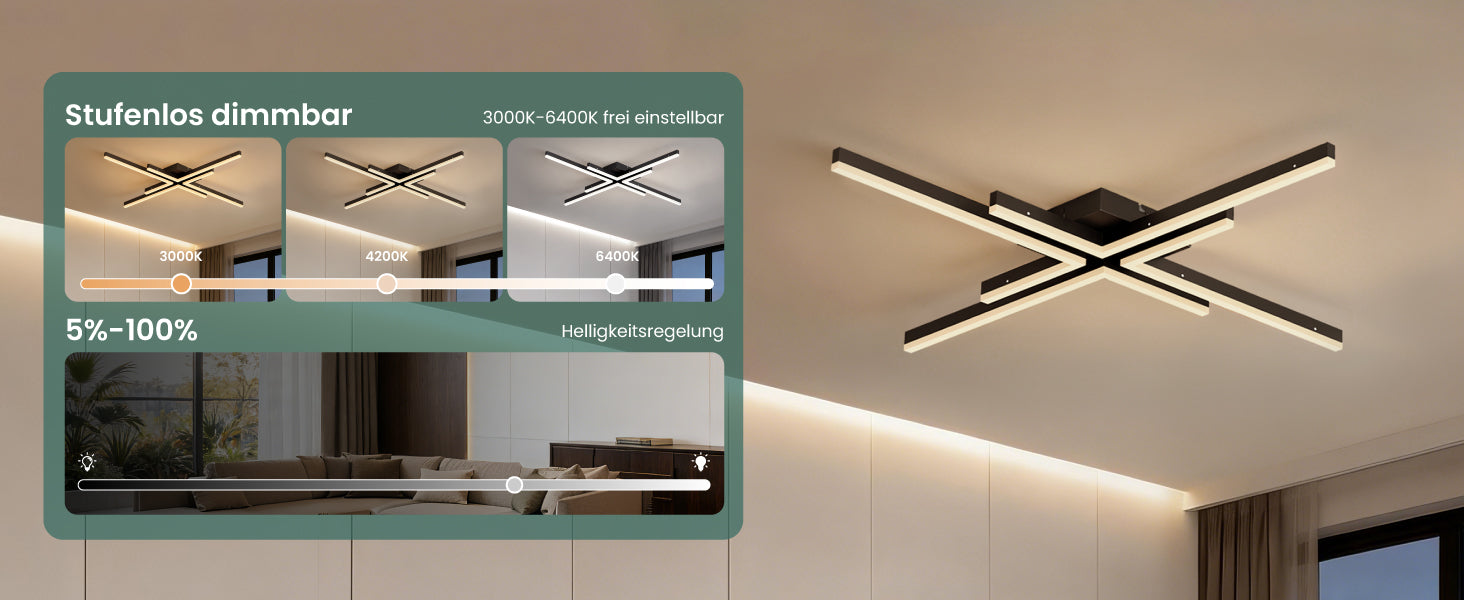 glasvilla LED Deckenleuchte Deckenlampe mit Fernbedienung 795mm, Stufenlos dimmbar 3000-6400K, Zimmerlampe 48W Schwarz für Schlafzimmer, Wohnzimmer, Arbeitszimmer, Flur Alivetta25039