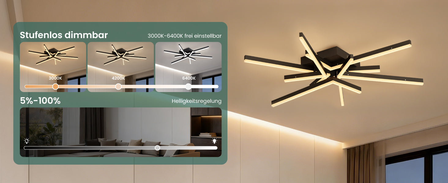 glasvilla LED Deckenleuchte Deckenlampe mit Fernbedienung 80cm, Stufenlos dimmbar 3000-6400K, Zimmerlampe 71W Schwarz für Schlafzimmer, Wohnzimmer, Arbeitszimmer, Flur Alivetta25038