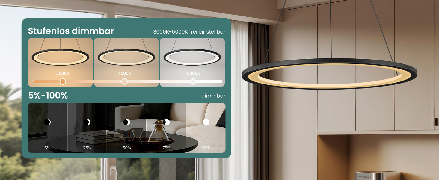 glasvilla Suspension luminaire de table à manger, lampe à suspendre LED, intensité variable en continu 3000K–6000K, lampe de table à manger réglable en hauteur avec télécommande et interrupteur mural Luvina01