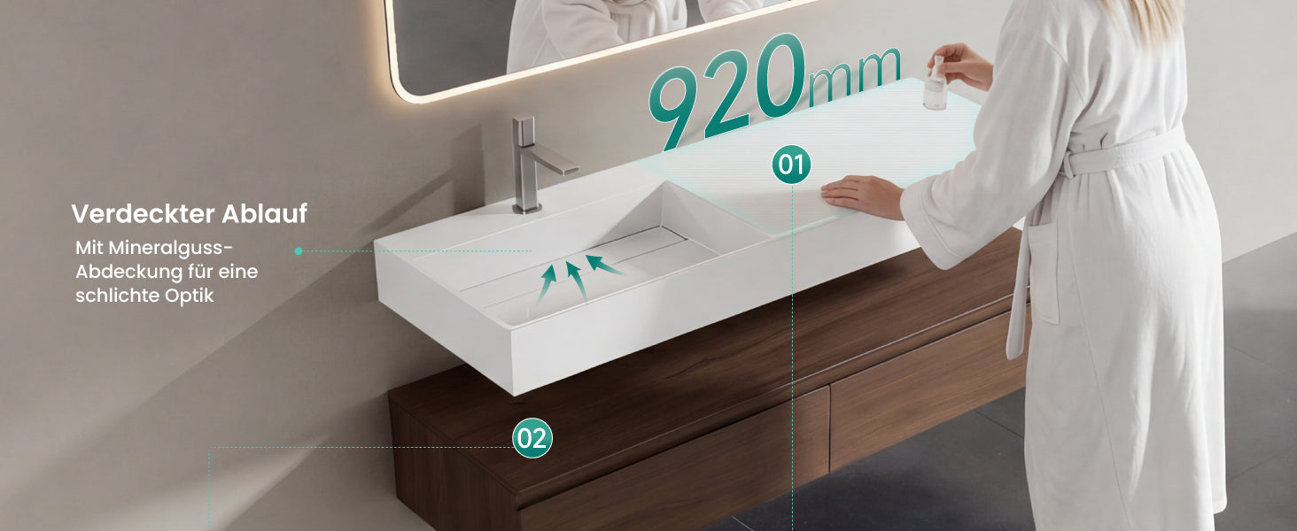 glasvilla Ensemble de Meubles de Salle de Bain | Meuble Sous-Vasque avec Meuble Bas 150x48x25 cm | Tiroirs à Fermeture Amortie et Vasque en Solid Surface UP