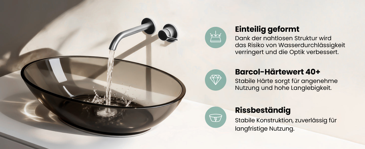 glasvilla Lavabo da Appoggio in Resina 63x34x17cm, Lavabo da Bagno Ovale senza Foro Rubinetto e Troppopieno, Coloria02