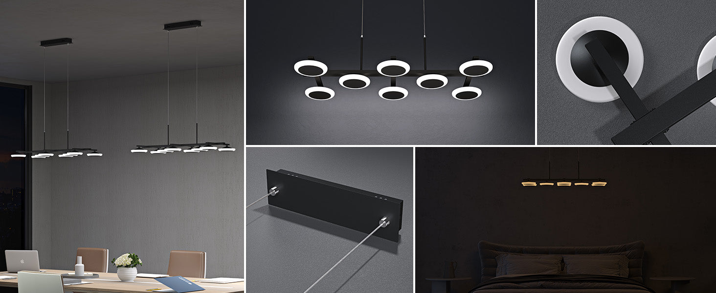 glasvilla Pendelleuchte 72cm LED Hängelampe Dimmbar mit Fernbedienung 3000K/4000K/6000K Verstellbares Kabel 32W matt Schwarz Hängeleuchte Alivetta3377