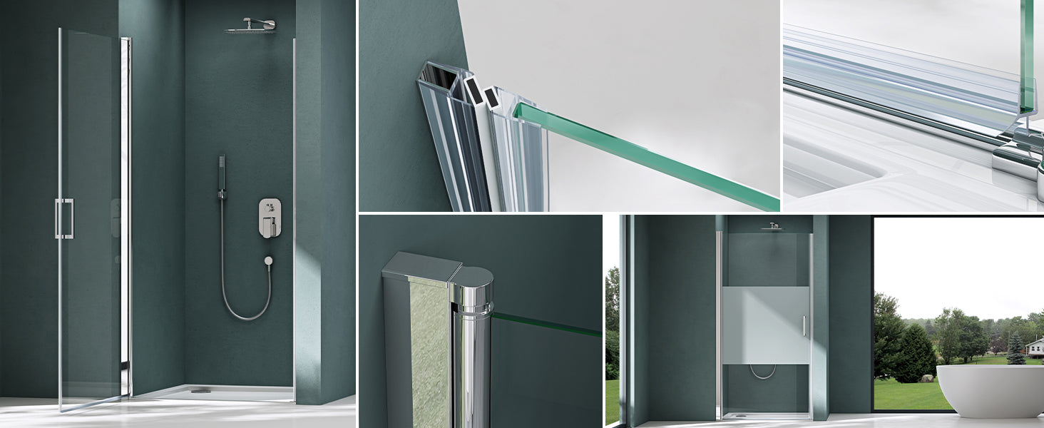 glasvilla Puerta de ducha Puerta de nicho Ducha Separación de ducha Cabina de ducha Puerta oscilante 180° vidrio de seguridad ESG con mecanismo de elevación y descenso vidrio claro y satinado rayas Teramo24K+MS D Nuevo