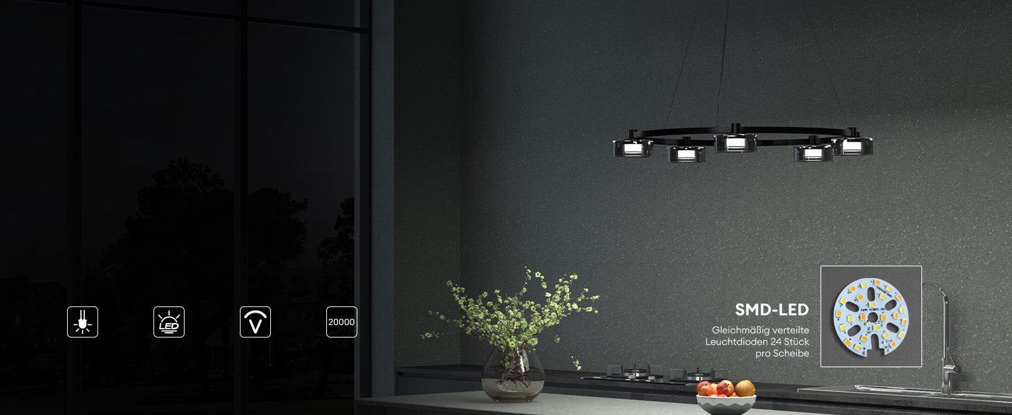 glasvilla Pendelleuchte LED Hängelampe 3000K/4000K/6000K Verstellbares Kabel Schwarz Hängeleuchte Alivetta7915 3A