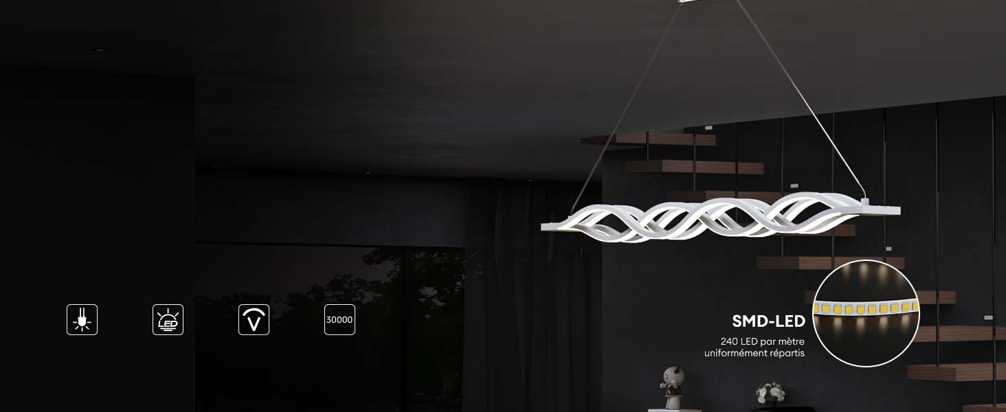 glasvilla Pendelleuchte 106cm LED Hängelampe Dimmbar mit Fernbedienung 3000K/4000K/6000K Verstellbares Kabel 60W Weiß Hängeleuchte Alivetta3301