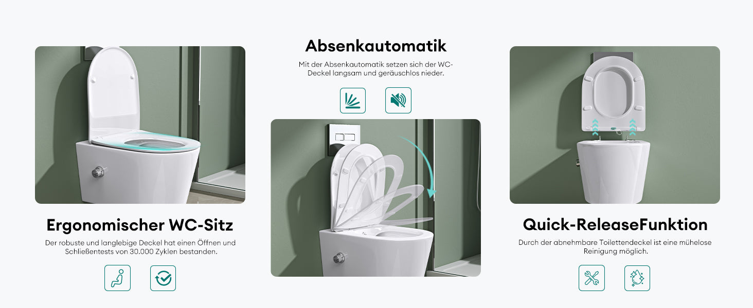 glasvilla Hänge WC Toilette Wand-WC Spülrandlos Weiß aus Keramik Wandmontage mit Absenkautomatik Aachen601