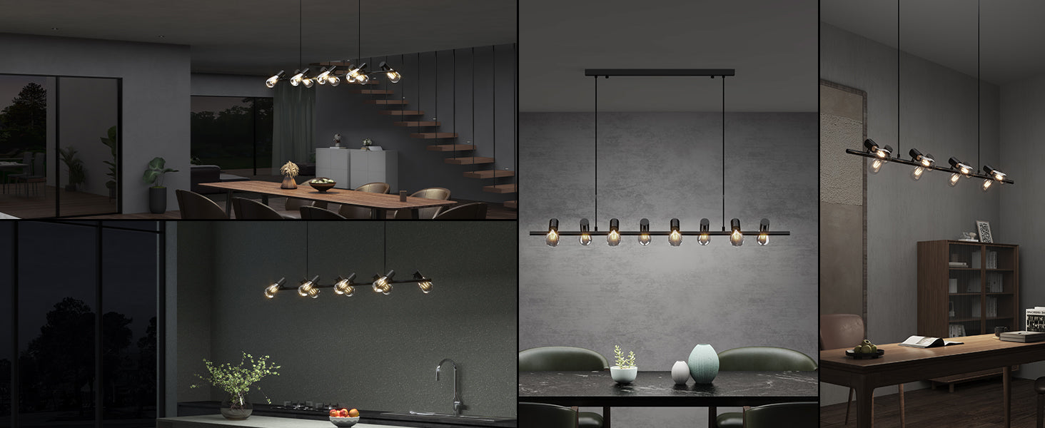 glasvilla Pendelleuchte 120cm LED Hängelampe 8 Flammig 4000K Verstellbares Kabel E27 Schwarz Hängeleuchte  Alivetta2313