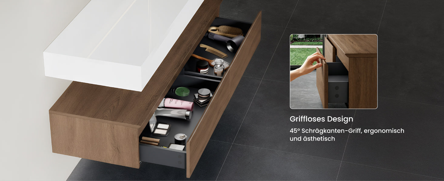 glasvilla Ensemble de Meubles de Salle de Bain | Meuble Sous-Vasque avec Meuble Bas 150x48x25 cm | Tiroirs à Fermeture Amortie et Vasque en Solid Surface UP