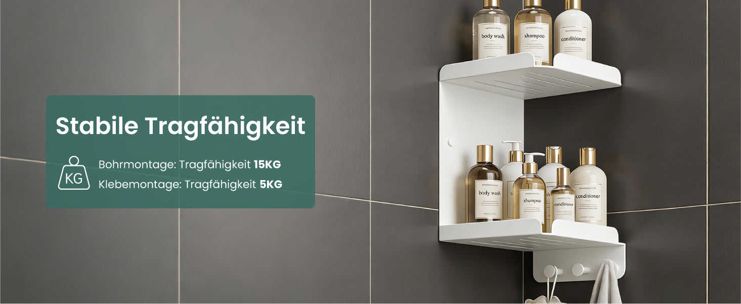 glasvilla Duschablage zum Bohren oder Kleben, Duschregal mit 3 Haken, Badezimmerablage zur Wandmontage, Badezimmer Organizer Reglo-14