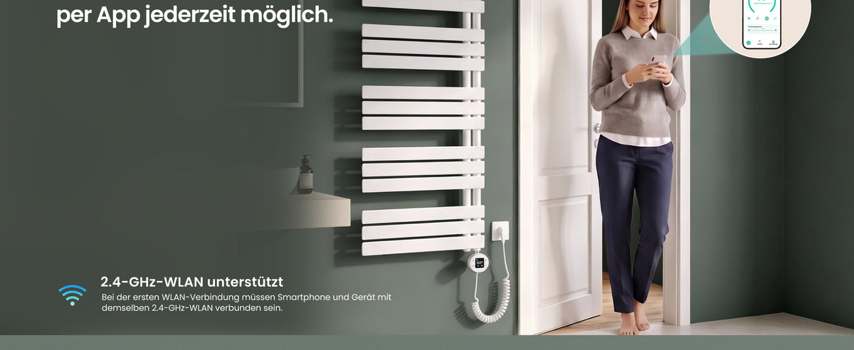 glasvilla Badheizkörper,mit Heizstab Badheizung,Handtuchheizkörper mit Seitenanschluss, Handtuchwärmer mit Heizstab 600W/900W, App-Steuerung, Thermostat und Timerfunktion,‎FN con Heizstab-03