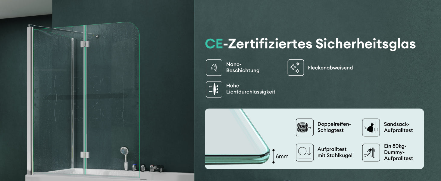 glasvilla Duschwand für Badewanne Badewannenwand Badewannenfaltwand 6mm Sicherheitsglas mit NANOBadewannenaufsatz Badewannentrennwand Cortona113