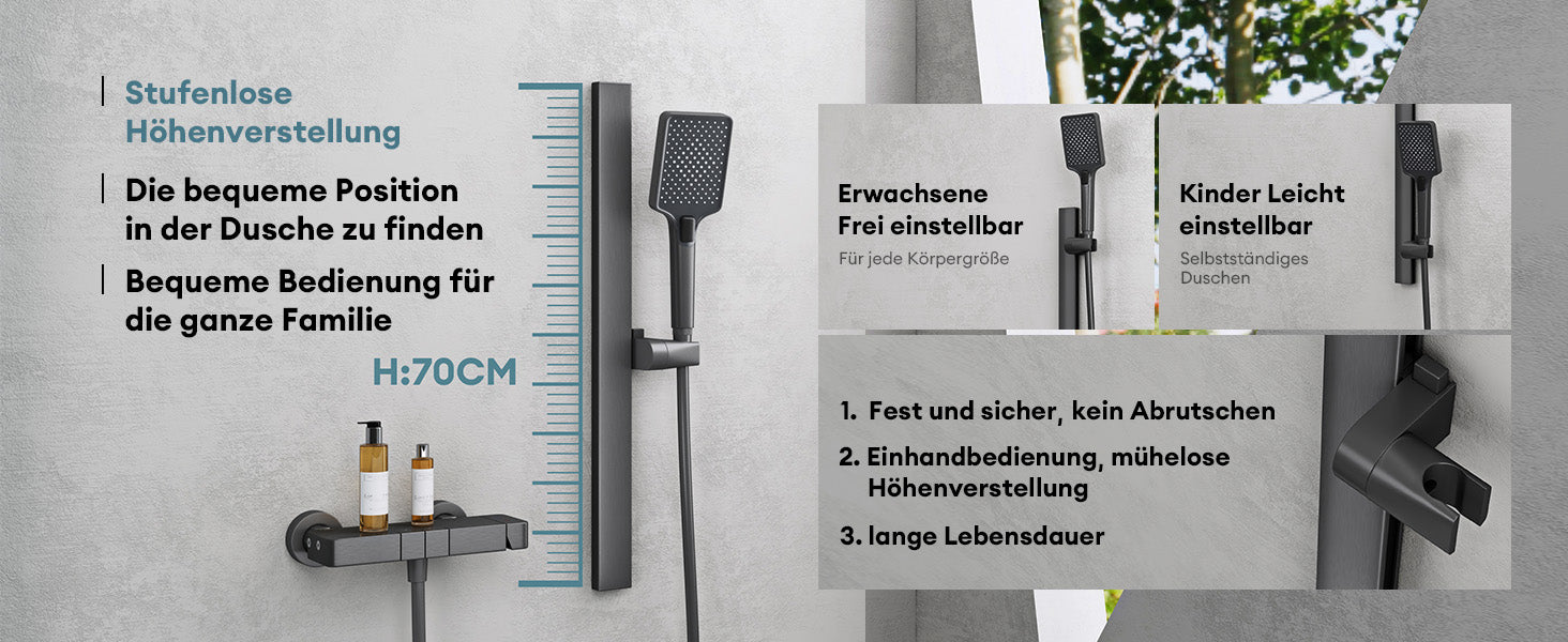 glasvilla Duschsystem mit Regendusche Duschkopf 3 Strahlarten höhenverstellbar Duschbrause mit Unterauslauf aus Aluminium Duschsystem10