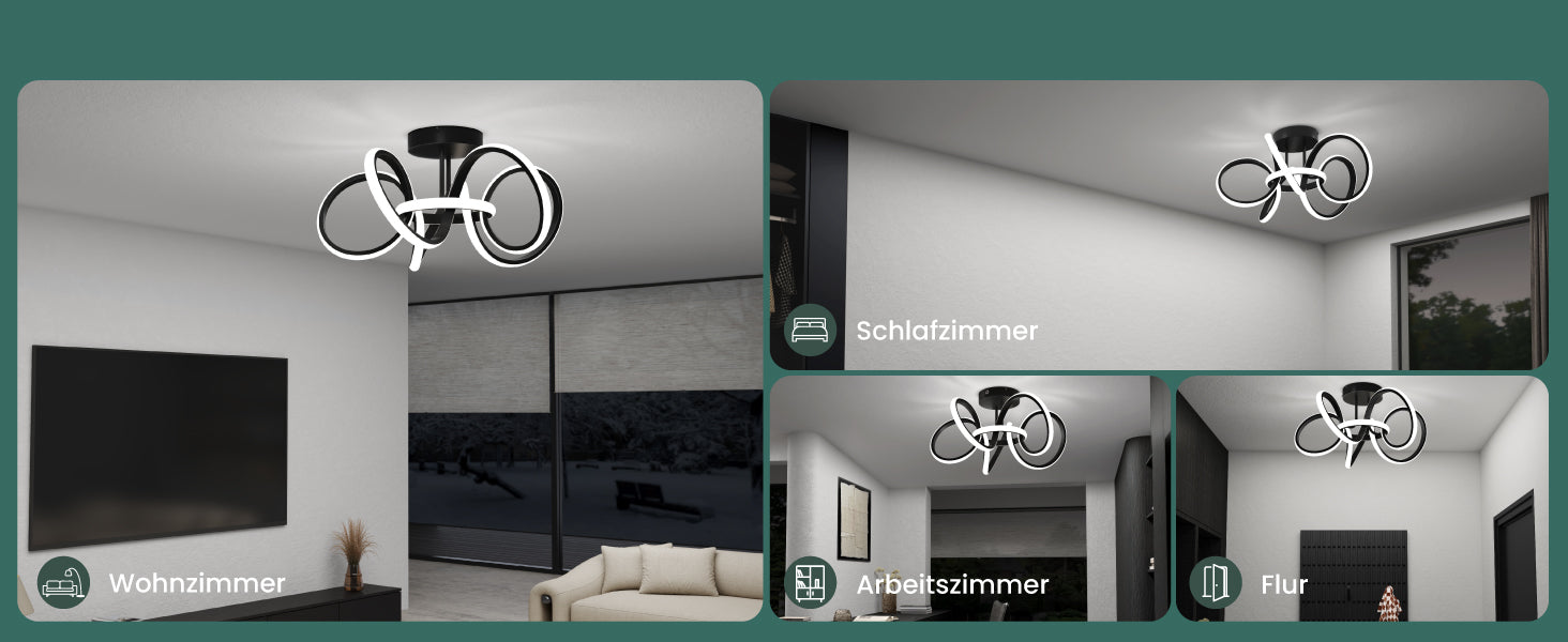 glasvilla LED Deckenleuchte Deckenlampe mit Fernbedienung, Stufenlos dimmbar 3000-6400K, flimmerfreie Zimmerlampe 65W Schwarz für Schlafzimmer, Wohnzimmer, Arbeitszimmer, Flur Alivetta25035