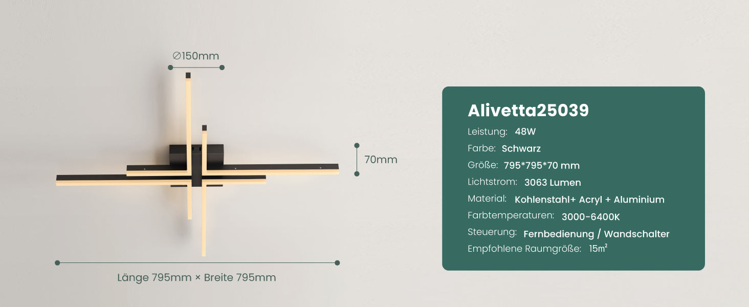 glasvilla LED Deckenleuchte Deckenlampe mit Fernbedienung 795mm, Stufenlos dimmbar 3000-6400K, Zimmerlampe 48W Schwarz für Schlafzimmer, Wohnzimmer, Arbeitszimmer, Flur Alivetta25039