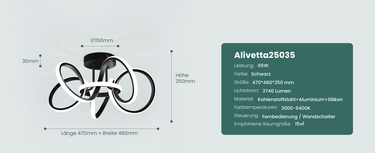 glasvilla LED Deckenleuchte Deckenlampe mit Fernbedienung, Stufenlos dimmbar 3000-6400K, flimmerfreie Zimmerlampe 65W Schwarz für Schlafzimmer, Wohnzimmer, Arbeitszimmer, Flur Alivetta25035