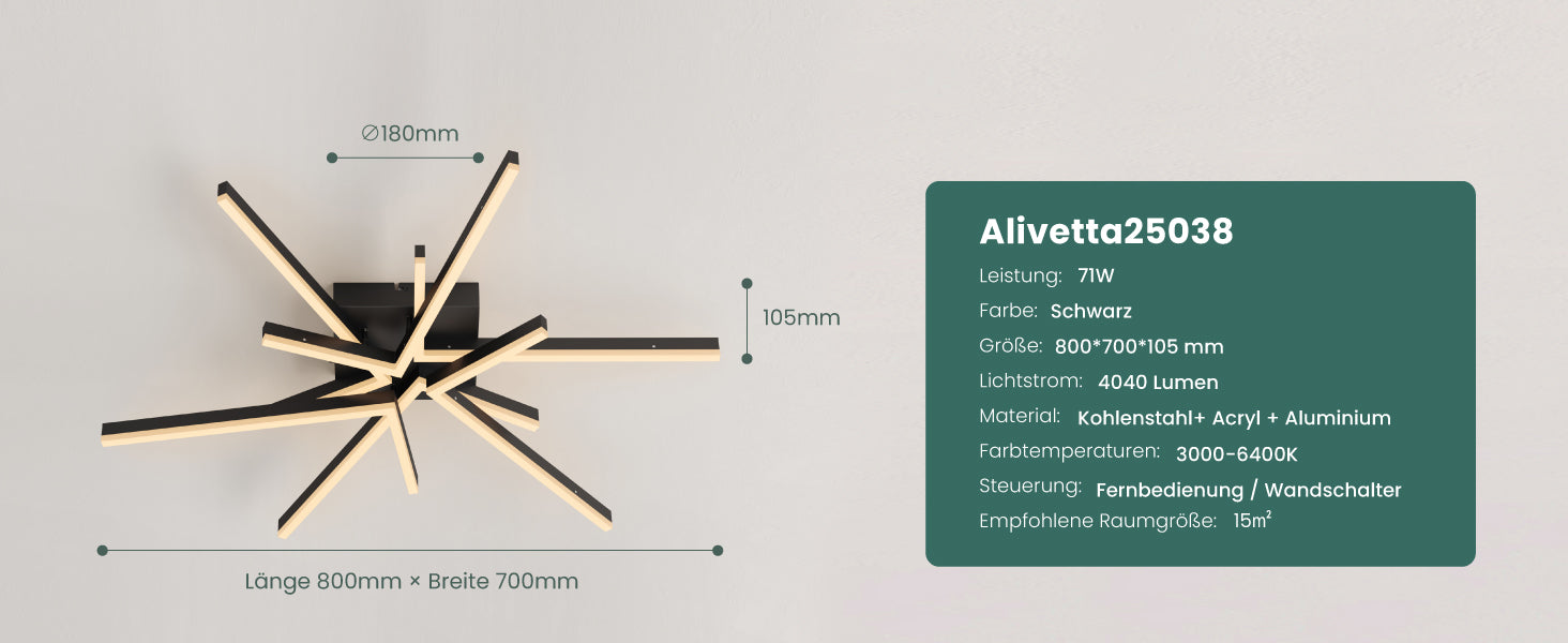 glasvilla LED Deckenleuchte Deckenlampe mit Fernbedienung 80cm, Stufenlos dimmbar 3000-6400K, Zimmerlampe 71W Schwarz für Schlafzimmer, Wohnzimmer, Arbeitszimmer, Flur Alivetta25038