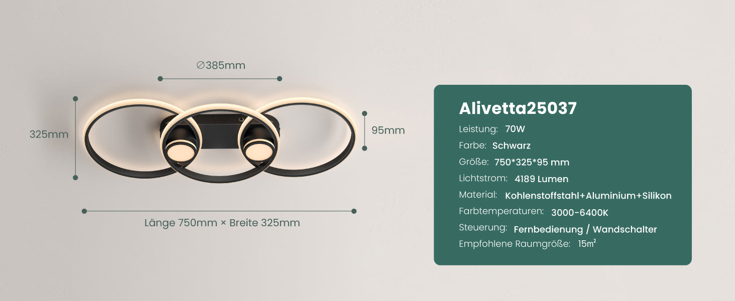 Glasvilla Design – Lámpara de techo LED negra con mando a distancia, regulable 3000–6400K (70W, 75 cm)